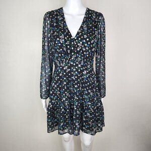 NWOT Yumi Kim V Neck Fit and flare Floral Metallic Dot Mini Dress Black Small